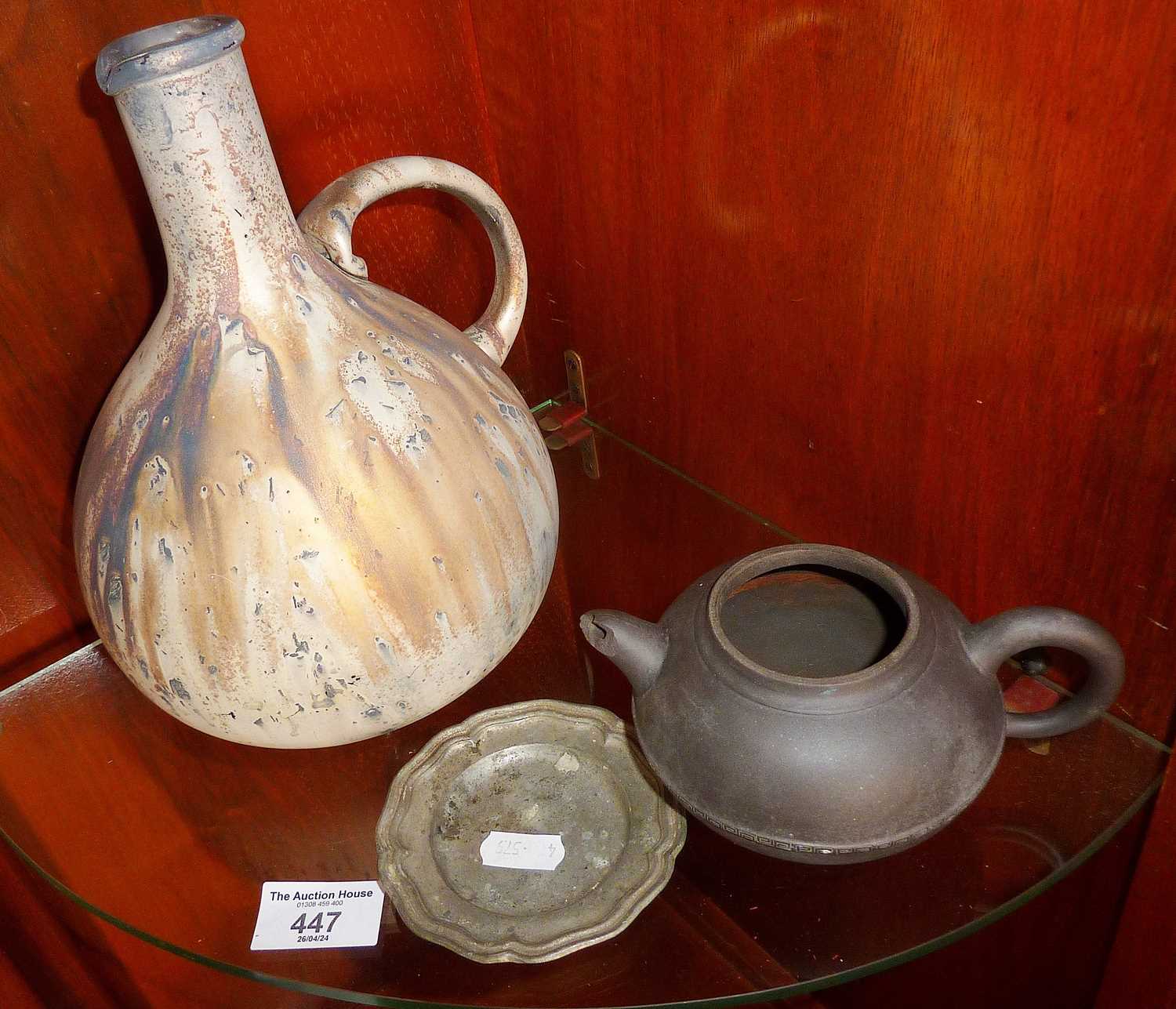 Antique glass wine flagon bottle, Chinese teapot (A/F) and a small pewter dish
