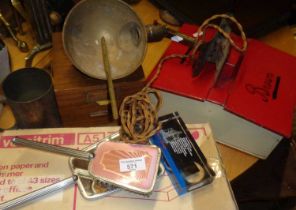 Tin shoe polish box, brass lamp, etc.