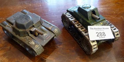 Two early tin plate clockwork army tanks G.W.O.