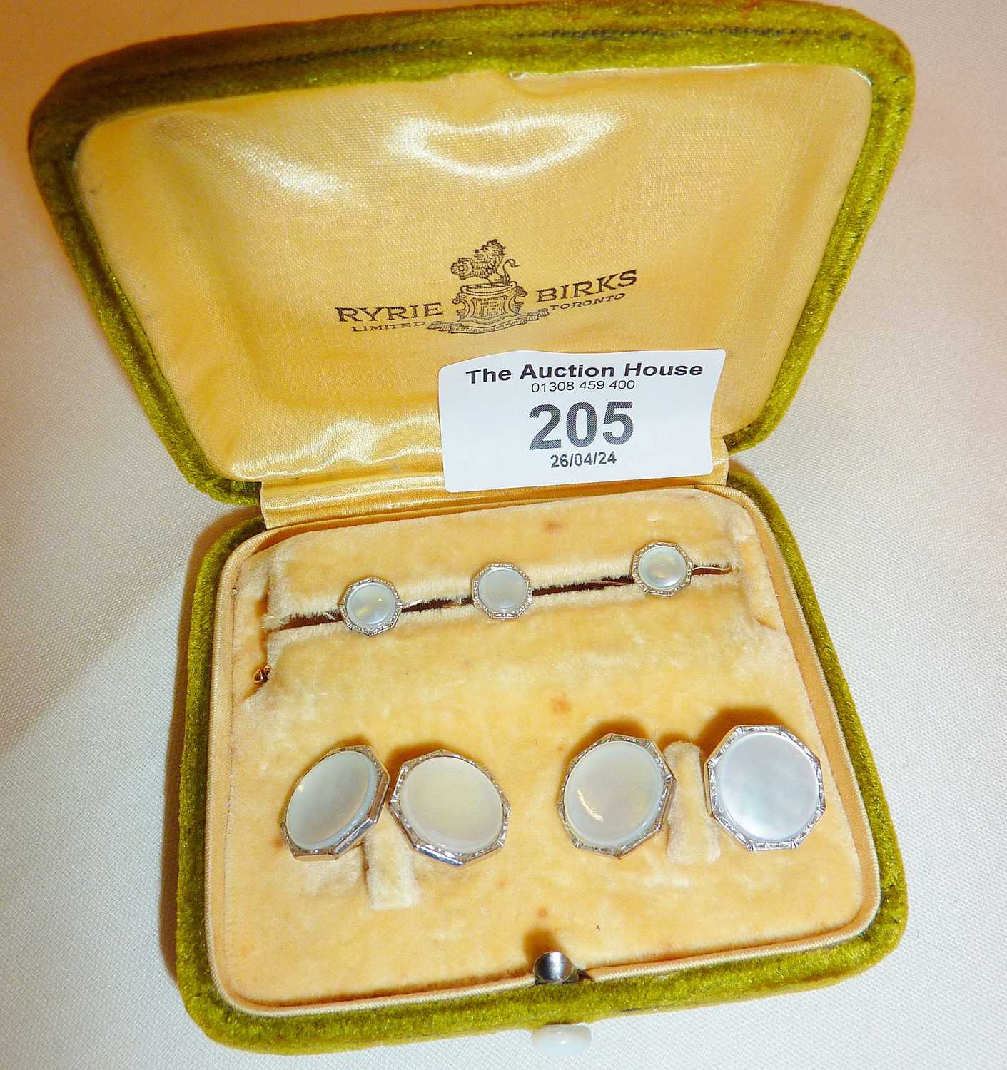 14ct gold, platinum and mother of pearl cufflinks and dress studs in case
