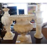 Victorian alabaster urn and two similar lamp bases