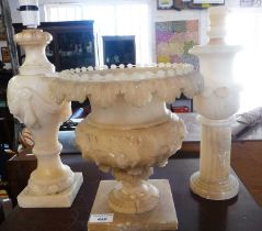Victorian alabaster urn and two similar lamp bases