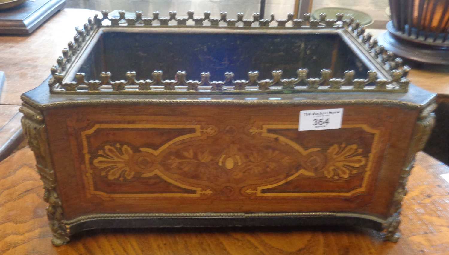 19th c. marquetry ormulu mounted walnut rectangular planter having galleried top with liner, 15" x - Image 2 of 2