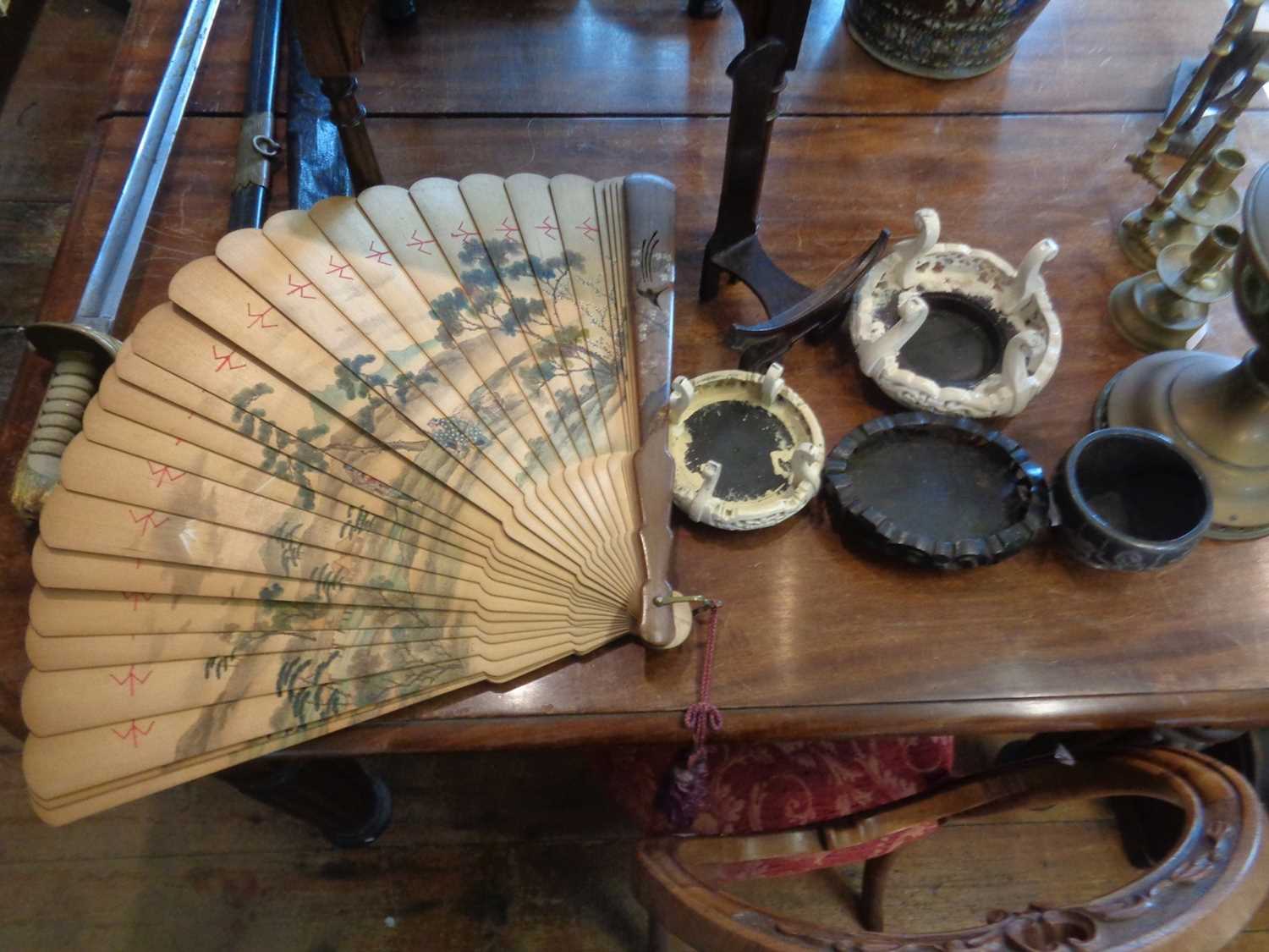 Four Chinese hardwood stands, a pewter mounted bowl with dragons and a wooden fan - Image 3 of 3