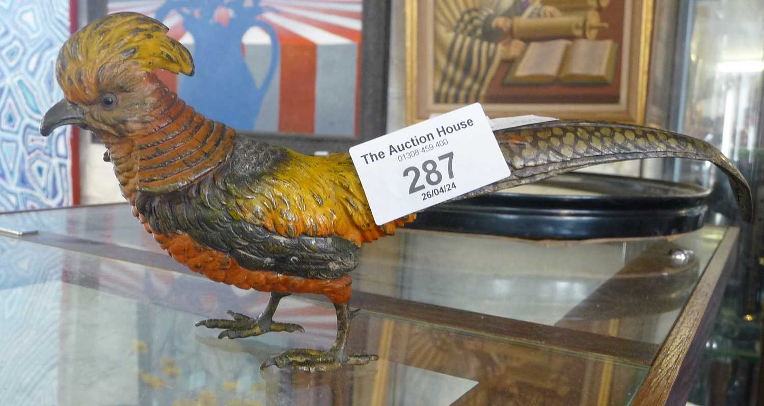 A signed Austrian cold painted bronze pheasant, 8" long