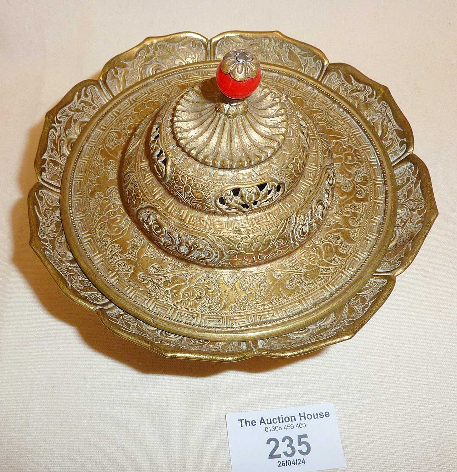 19th century Tibetan brass tea cup stand and cover - Image 2 of 2