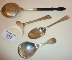 Silver cutlery inc. a spoon and pusher, a tea caddy spoon and a tea diffuser with ebony handle.