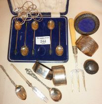 Hallmarked silver cutlery including coffee bean spoons, Arab niello napkin ring, butter pat fork,