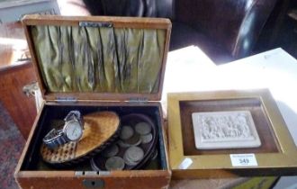 Leather jewellery box and contents, inc. half crowns, a Rotary wrist watch (A/F), together with a