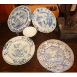 Three 18th c. Chinese blue and white dishes (A/F), a similar tea bowl and a Staffordshire blue and