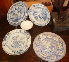 Three 18th c. Chinese blue and white dishes (A/F), a similar tea bowl and a Staffordshire blue and