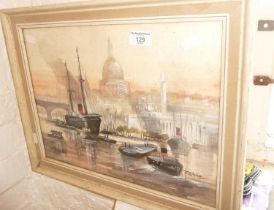 A view of St Pauls from the River Thames with ships and barges in the foreground, watercolour and