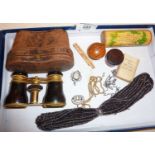 Mauchline ware box with verse, treen items, misers purse, faux tortoiseshell opera glasses with