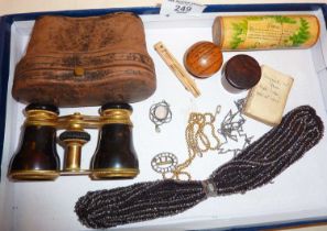 Mauchline ware box with verse, treen items, misers purse, faux tortoiseshell opera glasses with