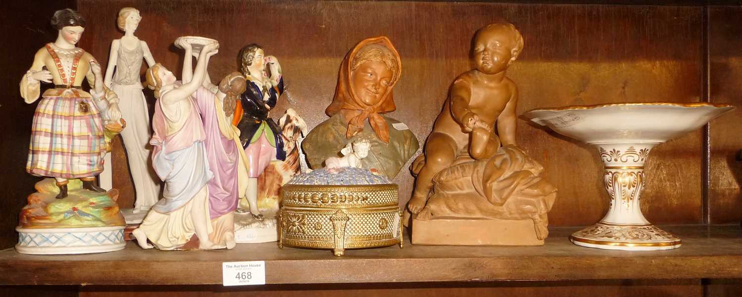 Antique pottery figures, porcelain cherub box (A/F), continental porcelain figures, and