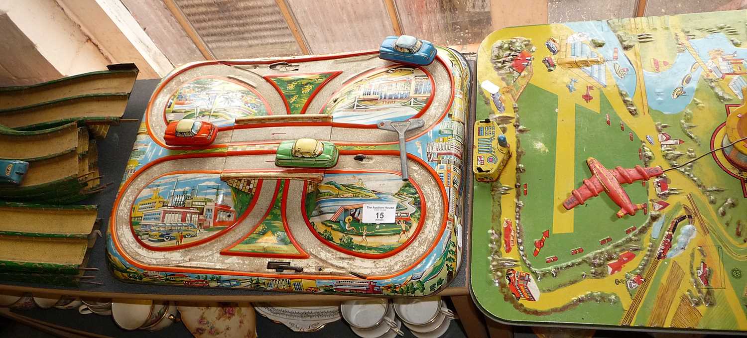 Three various tin plate toys, inc. Technofix cars game, clockwork flying aeroplane game by MAR and