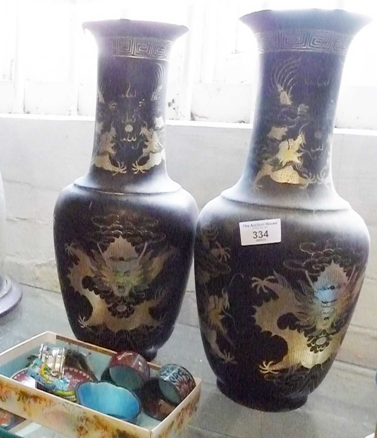 Pair of Chinese thin lacquer baluster vases, decorated with gold dragons, 40cm tall, together with