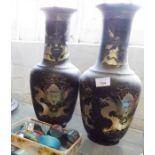 Pair of Chinese thin lacquer baluster vases, decorated with gold dragons, 40cm tall, together with