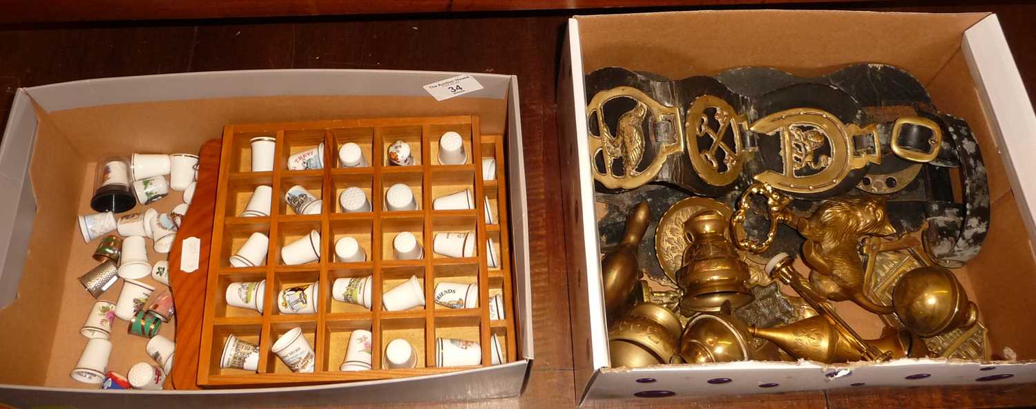 Collection of china thimbles with box of brassware