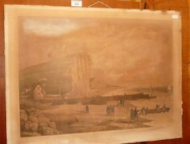 Large 19th c. coloured steel engraving of Bridport Harbour published by A. Bugler of Beaminster, 19"