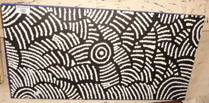 Contemporary Australian Aboriginal painting on canvas titled "Yumari Dreaming" of white dots on