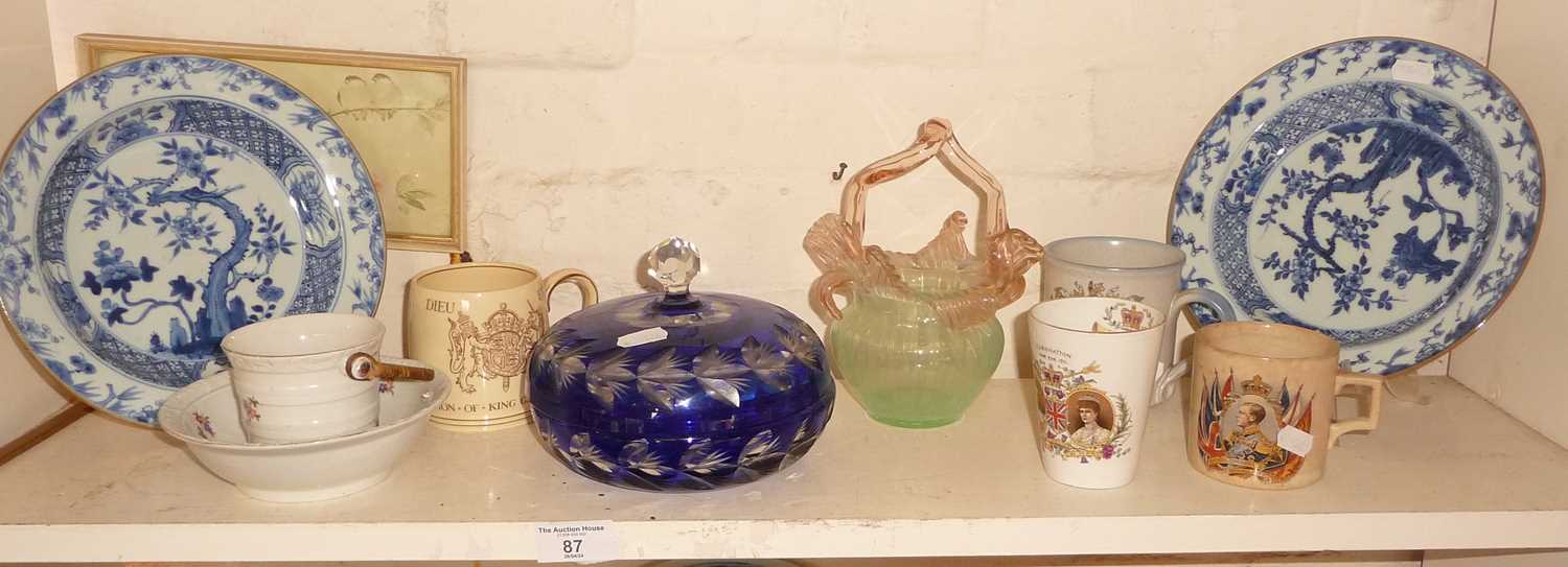 Two Chinese blue and white dishes, uranium glass basket, etc.