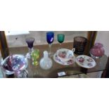 Assorted glassware, inc. uranium glass port glass, Mdina vases etc., and a T. Goode and Sons china