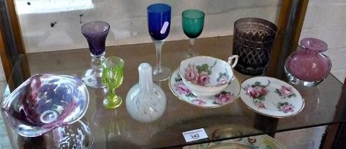 Assorted glassware, inc. uranium glass port glass, Mdina vases etc., and a T. Goode and Sons china