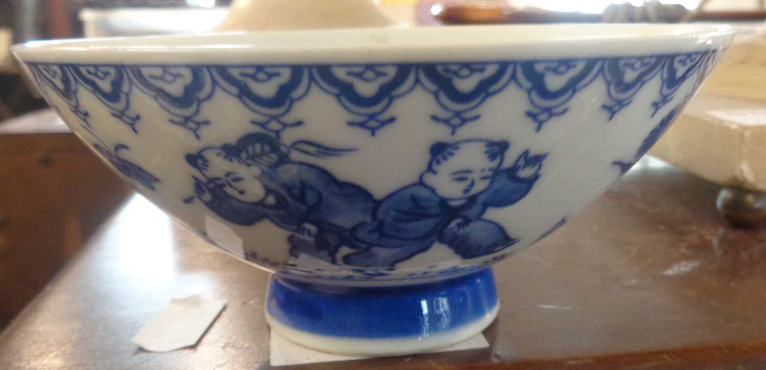 Three 18th c. Chinese blue and white dishes (A/F), a similar tea bowl and a Staffordshire blue and - Image 4 of 4