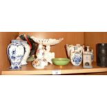 Continental porcelain centrepiece with putti stem, two pairs small Dutch Delft vases, Wedgwood black