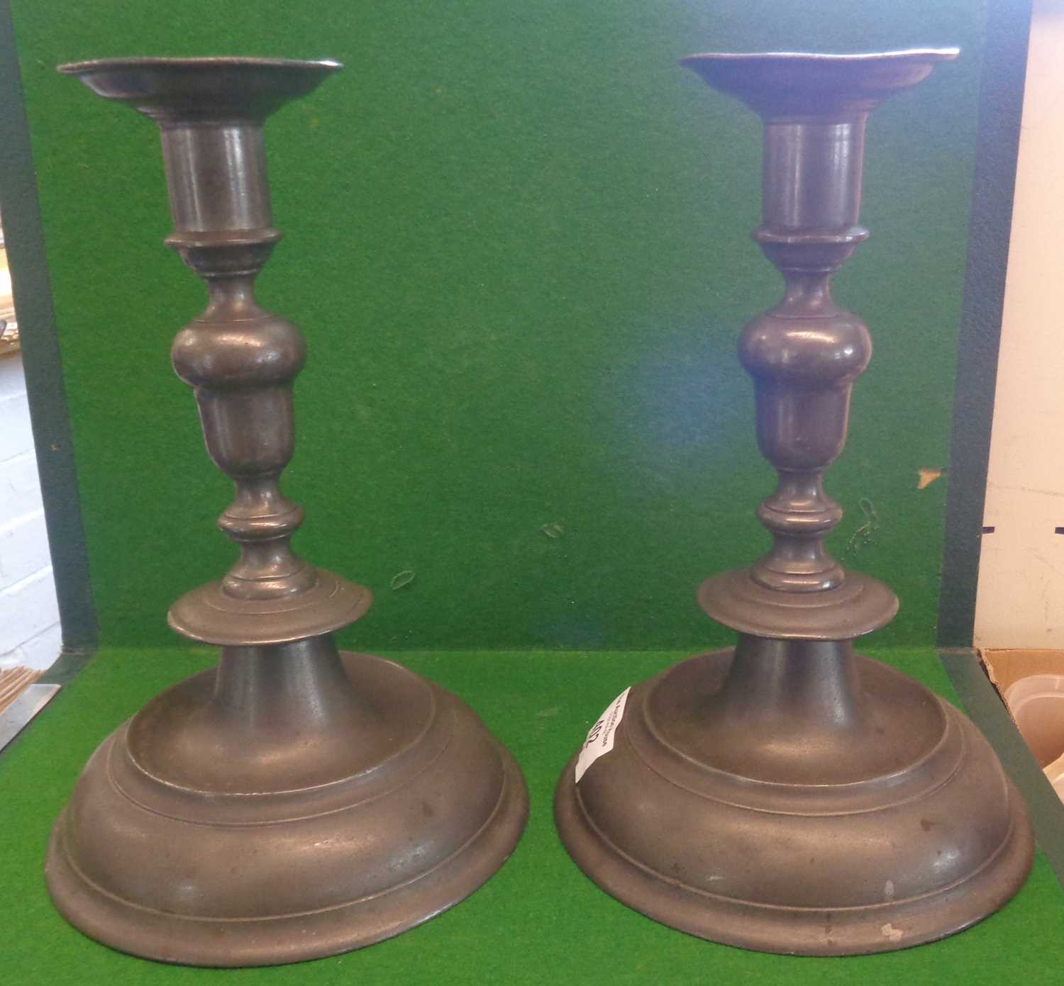 Pair of 18th c. pewter candlesticks with Bristol touchmarks, approx. 24cm high - Image 2 of 8