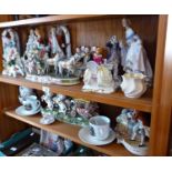 8 various Continental china figures groups, together with Victorian Welsh Tea Party moustache cup