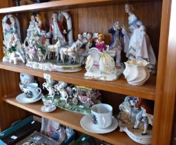 8 various Continental china figures groups, together with Victorian Welsh Tea Party moustache cup