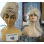 Two 1920's French wax boudoir doll's heads, 5" high