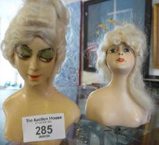 Two 1920's French wax boudoir doll's heads, 5" high