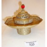 19th century Tibetan brass tea cup stand and cover