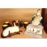 Quimper double inkwell, Royal Doulton Elegance figurine, Royal Doulton Siamese cat and a Crown Ducal