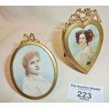 Portrait miniature in gilt frame of Edwardian lady, another gilt photo frame with silk picture