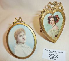 Portrait miniature in gilt frame of Edwardian lady, another gilt photo frame with silk picture
