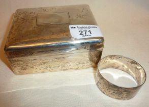 Mappin & Webb teak-lined silver cigarette box. Approx. 11cm long, together with a silver napkin