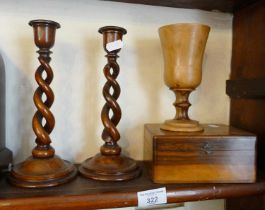 Pair Victorian walnut double barley twist candlesticks, 9" high, Treen turned wood goblet and an