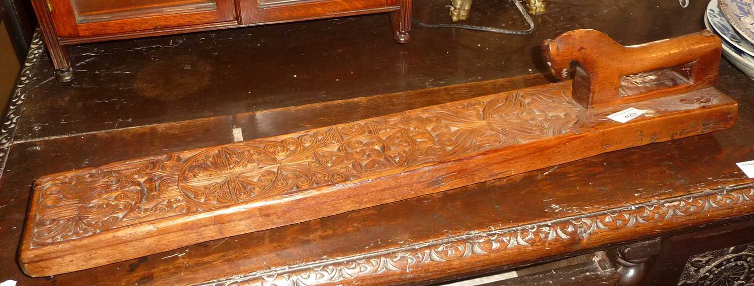 18th c. Scandinavian carved beechwood mangle board with horse handle, dated 1752, 27" long