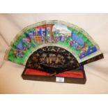 19th century hand painted and double sided Canton fan with fitted lacquered case (case approx