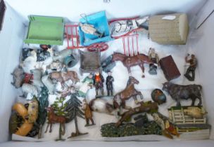 Collection of farm lead figures, inc. Tumbrel cart and drover, tractor trailer, Smith set,