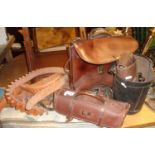 Bowling woods in leather case and a collection of other leather items, inc. briefcases, cartridge