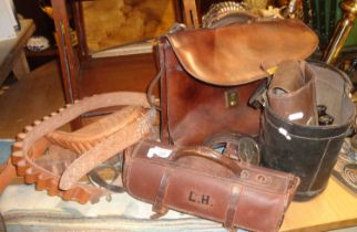 Bowling woods in leather case and a collection of other leather items, inc. briefcases, cartridge
