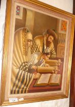 Judaic oil painting on board of Rabbis with pupil in synagogue studying the Torah, signed HOR