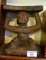 Tribal Art: African carved wood figurative chief's headrest, 8" high