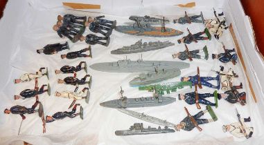 Assorted naval diecast models of ships, 14 Britains sailors - running and marching and 12 Hilco