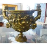 19th century Italian burnished bronze chalice with two Mermen handles and classical marine relief